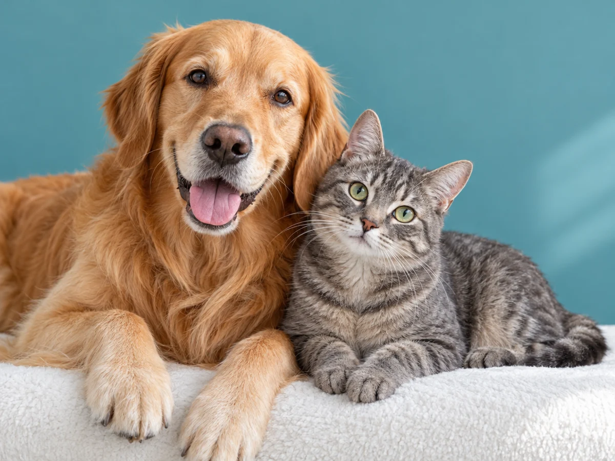 Illustration of a golden retriever and tabby cat resting together